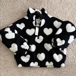 Stoosh Black Sherpa Pullover with White Heart Pattern